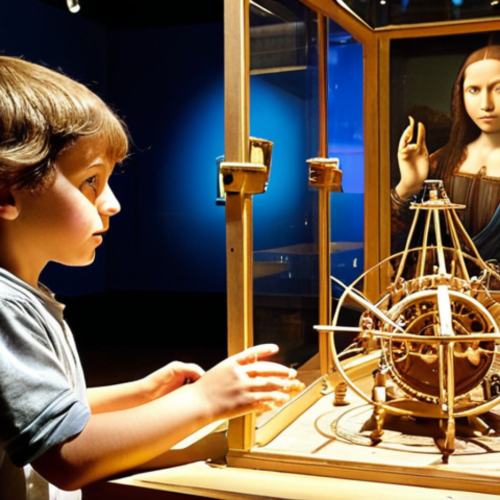 **

A vibrant, eye-level shot inside the "Museo Nazionale della Scienza e della Tecnologia Leonardo da Vinci" in Milan. A young boy, around 8 years old, is completely engrossed in operating a working model of one of Leonardo da Vinci's inventions. Sparkles of curiosity and wonder are emanating from his eyes. In the background, other children and adults are similarly engaged with interactive exhibits. The atmosphere is bright, bustling, and filled with the excitement of discovery.

**