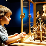**

A vibrant, eye-level shot inside the "Museo Nazionale della Scienza e della Tecnologia Leonardo da Vinci" in Milan. A young boy, around 8 years old, is completely engrossed in operating a working model of one of Leonardo da Vinci's inventions. Sparkles of curiosity and wonder are emanating from his eyes. In the background, other children and adults are similarly engaged with interactive exhibits. The atmosphere is bright, bustling, and filled with the excitement of discovery.

**