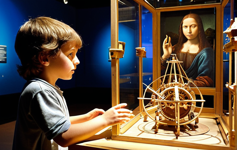 **

A vibrant, eye-level shot inside the "Museo Nazionale della Scienza e della Tecnologia Leonardo da Vinci" in Milan. A young boy, around 8 years old, is completely engrossed in operating a working model of one of Leonardo da Vinci's inventions. Sparkles of curiosity and wonder are emanating from his eyes. In the background, other children and adults are similarly engaged with interactive exhibits. The atmosphere is bright, bustling, and filled with the excitement of discovery.

**