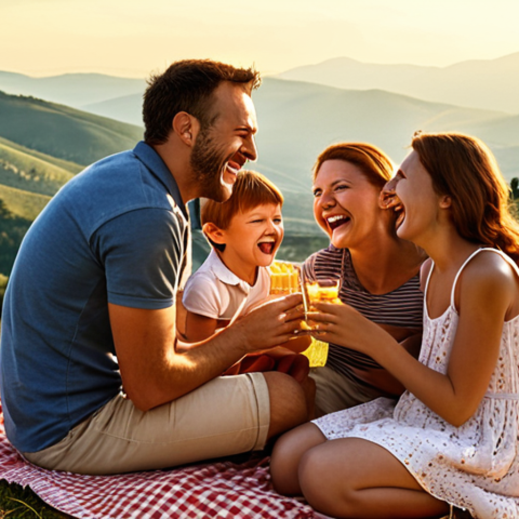 **Image Prompt:** A family laughing together during an impromptu picnic in the mountains of Tuscany, Italy. Golden sunlight, happy expressions, and scenic landscape.