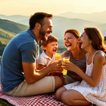 **Image Prompt:** A family laughing together during an impromptu picnic in the mountains of Tuscany, Italy. Golden sunlight, happy expressions, and scenic landscape.