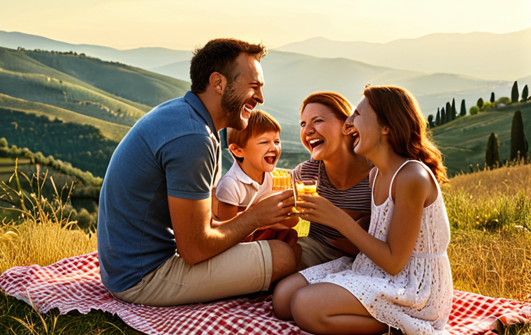 **Image Prompt:** A family laughing together during an impromptu picnic in the mountains of Tuscany, Italy. Golden sunlight, happy expressions, and scenic landscape.