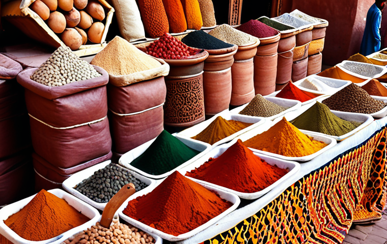**Prompt:** A vibrant marketplace in Marrakech, Morocco. Capture the rich colors of spices and textiles, with artisans displaying their crafts. Focus on the textures and details of the Moroccan culture, showcasing the beauty and complexity that contrasts with stereotypical views.