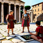 **

A family exploring the Roman Forum. Children are engaged in a role-playing game, using a "Rome Reborn" app on a tablet to compare ancient ruins with their imperial-era appearance. Gladiators and emperors are visible in AR. The scene is bright and educational.

**