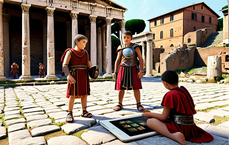 **

A family exploring the Roman Forum. Children are engaged in a role-playing game, using a "Rome Reborn" app on a tablet to compare ancient ruins with their imperial-era appearance. Gladiators and emperors are visible in AR. The scene is bright and educational.

**