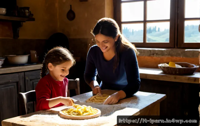 Home 12 가족 여행과 관련된 체험 활동 아이디어 - Photorealistic Italian family experience activity, parents and two school-age children learning to m...