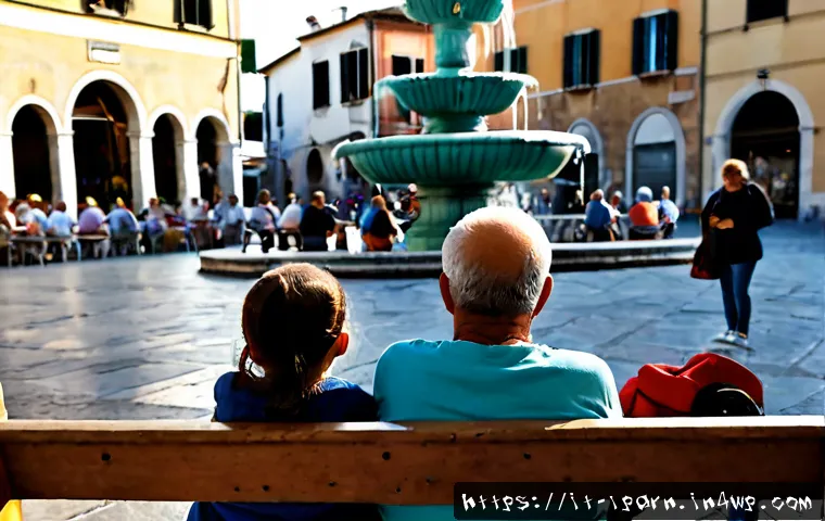 Home 16 아이와 함께하는 여행 중의 사회적 배경 - Photorealistic family travel scene in a sunlit Italian piazza, parents with two school-age children ...
