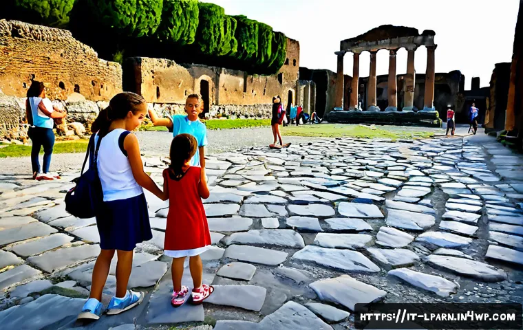Home 17 아이와 함께하는 교육적인 가족 여행 코스 - Photorealistic Italian family educational travel day at the ancient Roman ruins in Pompeii, parents ...